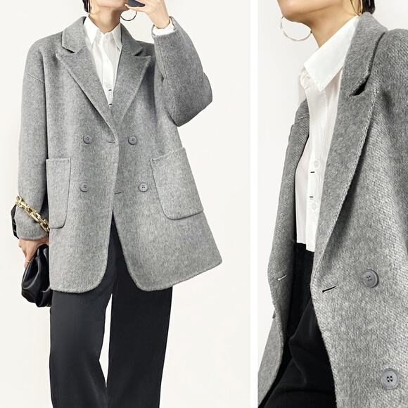 J.Ing Grey Appliqued Double-Breasted Wool-Blend Coat Small - Picture 1 of 6